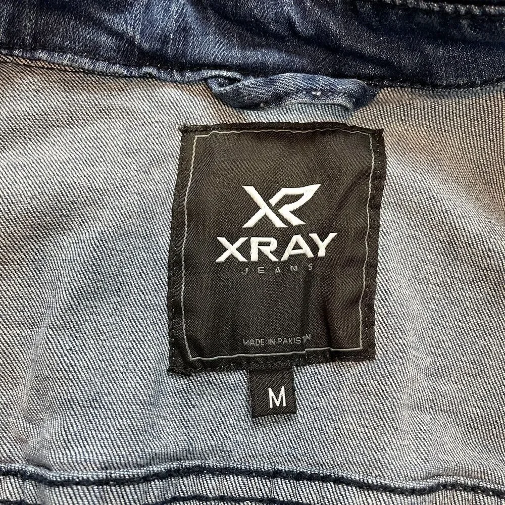 X Ray Jean Jacket Mens Medium Blue Denim Distressed Scuffed Patched Button Up